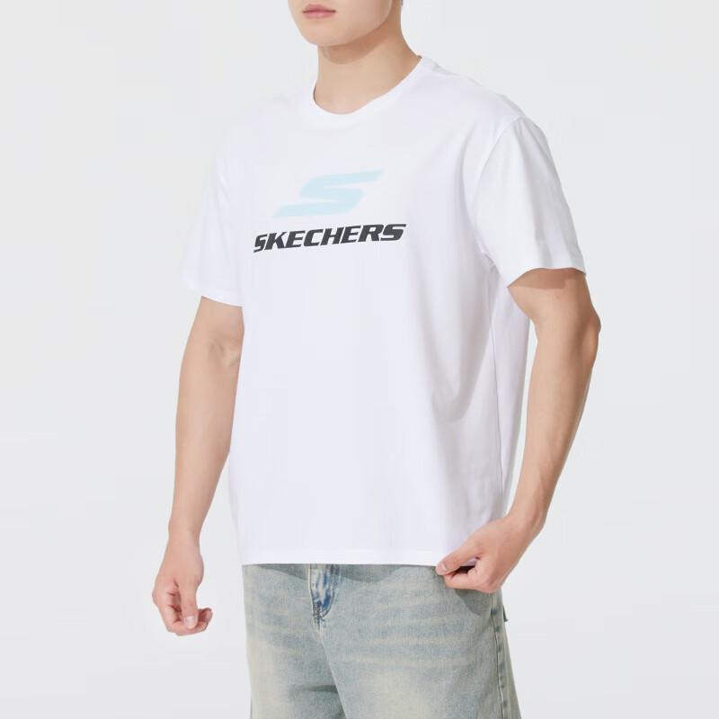 Skechers Модная Спортивная Серия Удобная Дышащая Повседневная Футболка с Коротким Рукавом Унисекс Топы Ярко-Белый P225U116-0019
