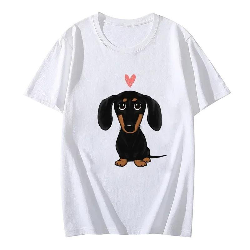 Black and Tan Dachshund with Heart Retro Y2K Funny T-Shirt Female Summer Cute Cartoon Wiener Dog Fashion Tee Top Casual Tops 2k