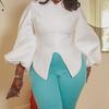 Women's Solid Color V-Neck Lantern Sleeve Blouse - Plus Size, Elegant & Versatile Style for African, European & American Fashion
