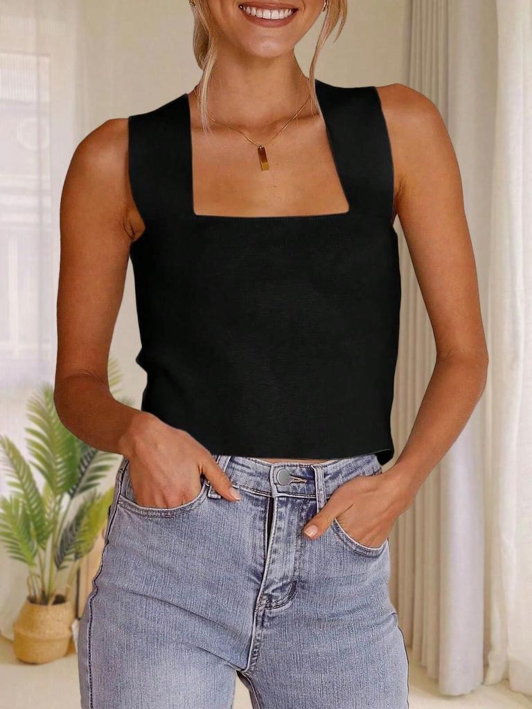 Women's Square Neck Knit Tank Top Sleeveless Fitted Sweater Shirt Summer Casual