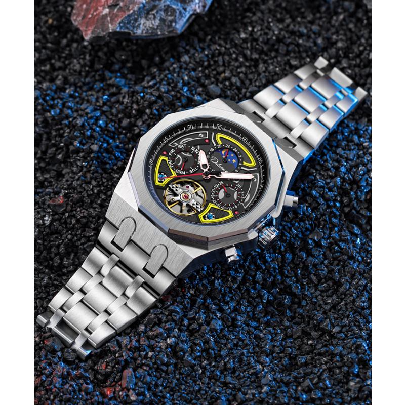 Dulunwe Мужские автоматические механические часы с турбийоном и скелетонизированным механизмом, многофункциональные часы с фазой Луны, индикацией даты и недели, светящиеся спортивные наручные часы