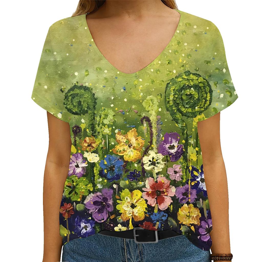 Summer 2023 Novelty Horse Dragonfly Print Short Sleeve T-Shirt, Loose Informal Street Top, Oversized V-Neck, 3D Flower Print Vin