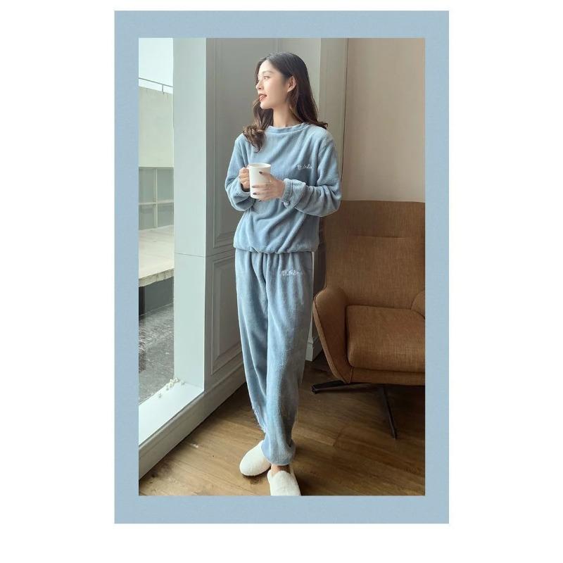2 шт./комплект женские весенние осенние зимние однотонные пижамные комплекты женские с длинными рукавами повседневные коралловые флисовые утолщенные свободные милые домашние комплекты