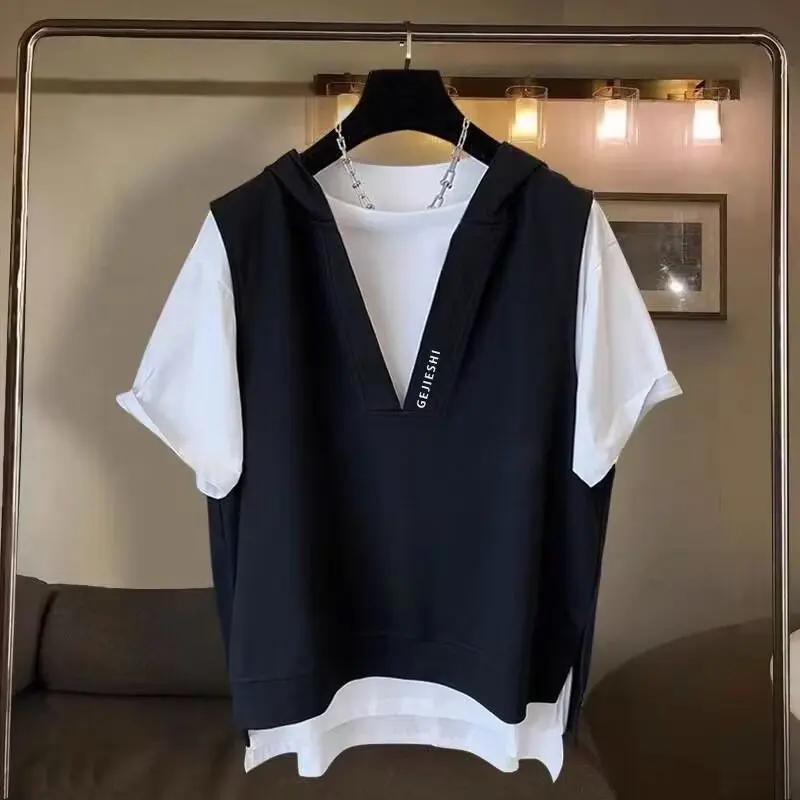 Мужская летняя футболка в корейском стиле с капюшоном из двух частей - с короткими рукавами, свободная, повседневная