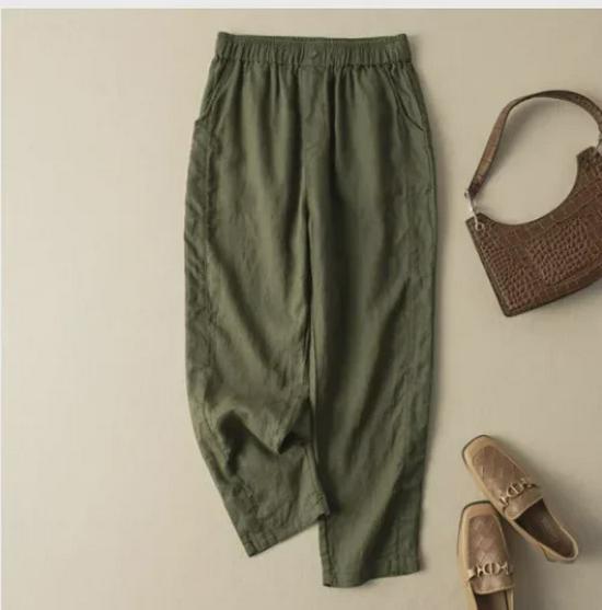 2024 Летние женские ретро-брюки-шаровары из хлопка и льна с эластичной резинкой на талии 
