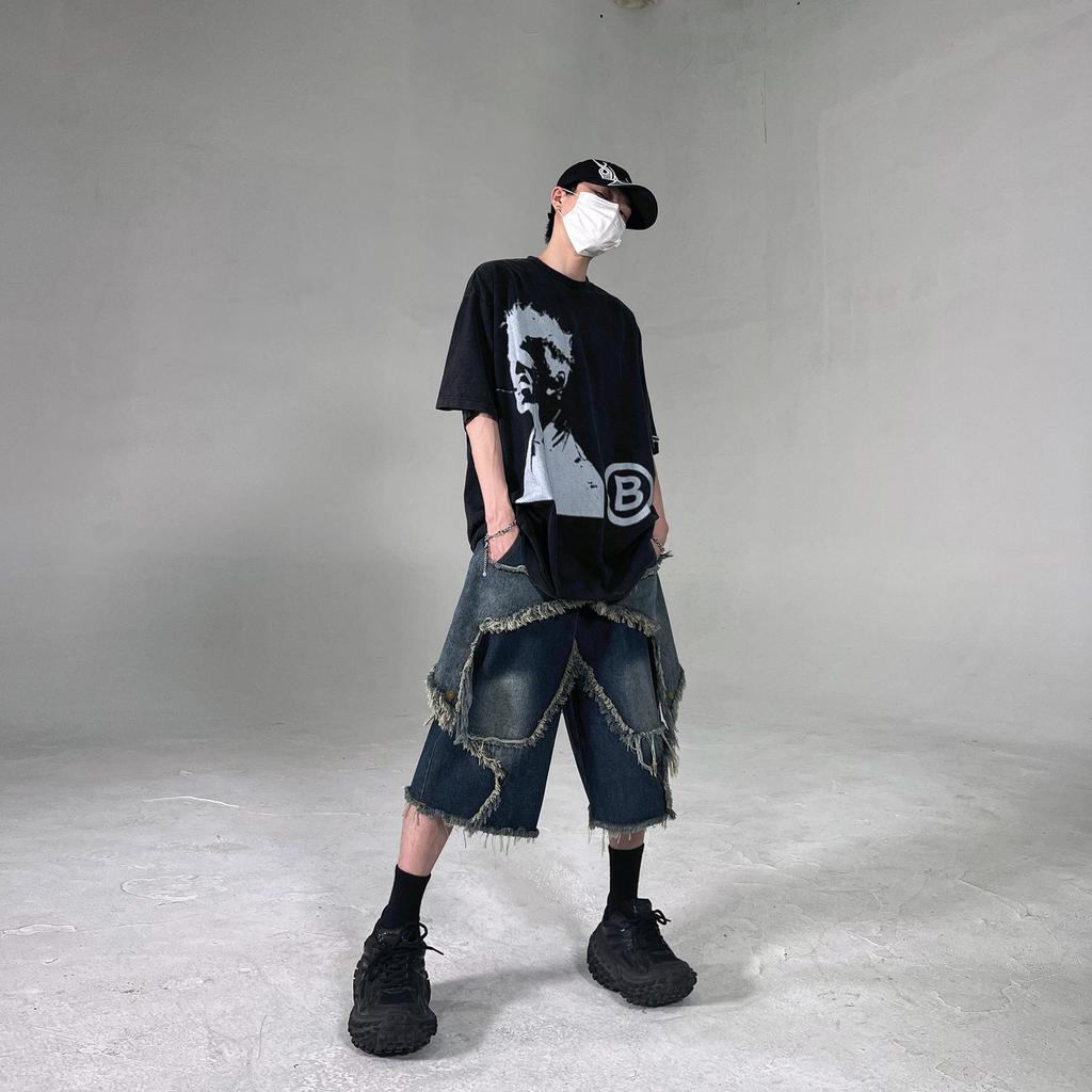 Мужские модные ретро-шорты из синего денима с необработанным краем — свободный крой, уличный стиль