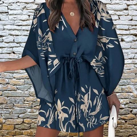 Dress women, summer new short-sleeved v-neck printed bat-sleeved casual shirt skirt women