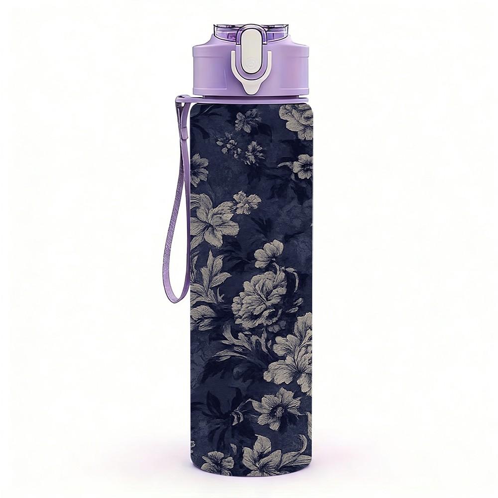 1PC Dark Blue Vintage Flower Print 750ml Color Plastic Sports Water Bottle Leakproof Flip Straw Lid Suitable for Sports Office Home Use