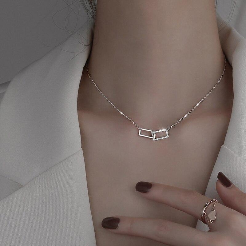925 Sterling Silver Interlocking Double Ring Paper Clip Charm Necklace for Women Clavicle Necklace Wedding Jewelry S-N698