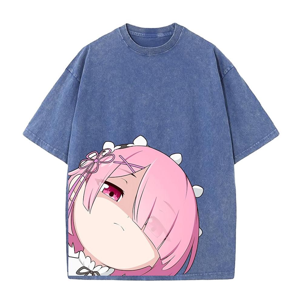 Manga Re:ZERO Ram Kawaii Printed Tee Men Women Short Sleeve Clothing Washed Cotton T-shirt Retro Casual T Shirt Harajuku Tshirt