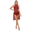 Womens Glittery Rhinestone Backless Dress Sheer Mesh Patchwork Design Mock Neck Lyrical Dance Leotard
