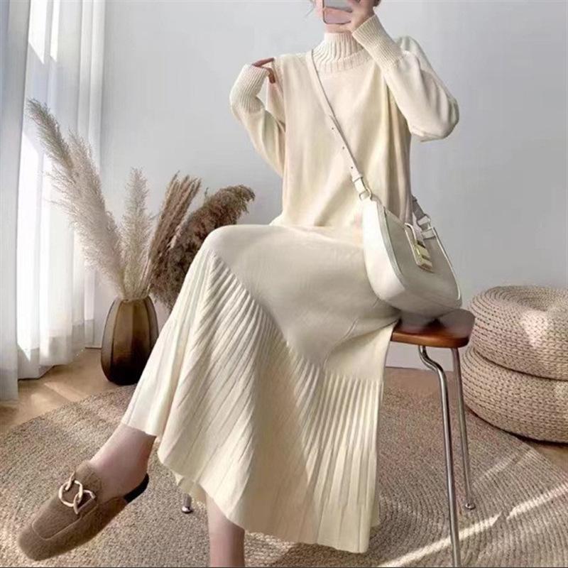 Semi-turtleneck Bottoming Knitted Sweater Skirt Women's Autumn and Winter New Over-knee Long Loose Large Size with Coat Dress Tide