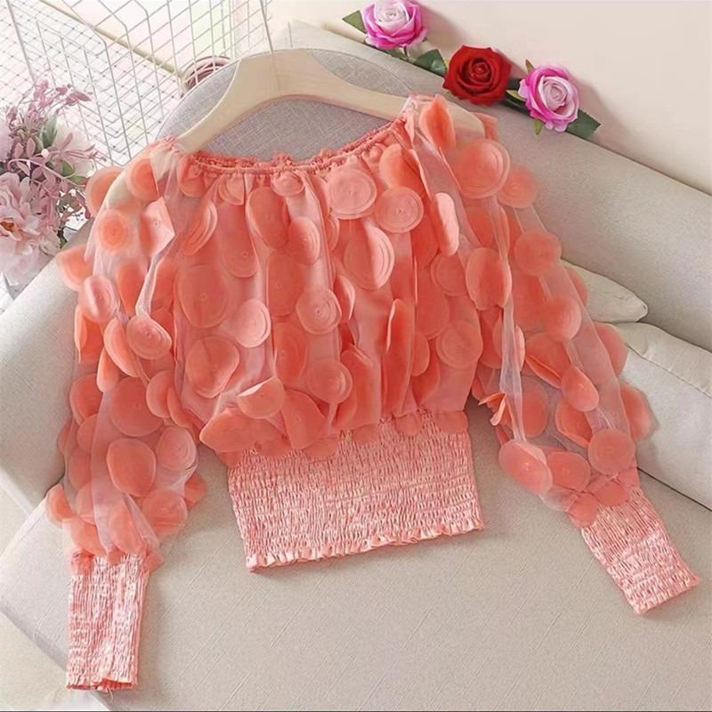 Модные 3D-цветы с рукавами-фонариками, облегающие сексуальные блузки для женщин, прозрачные сетчатые топы с вырезом-лодочкой, шифоновая рубашка для женщин, однотонная повседневная блузка с открытыми плечами 26475