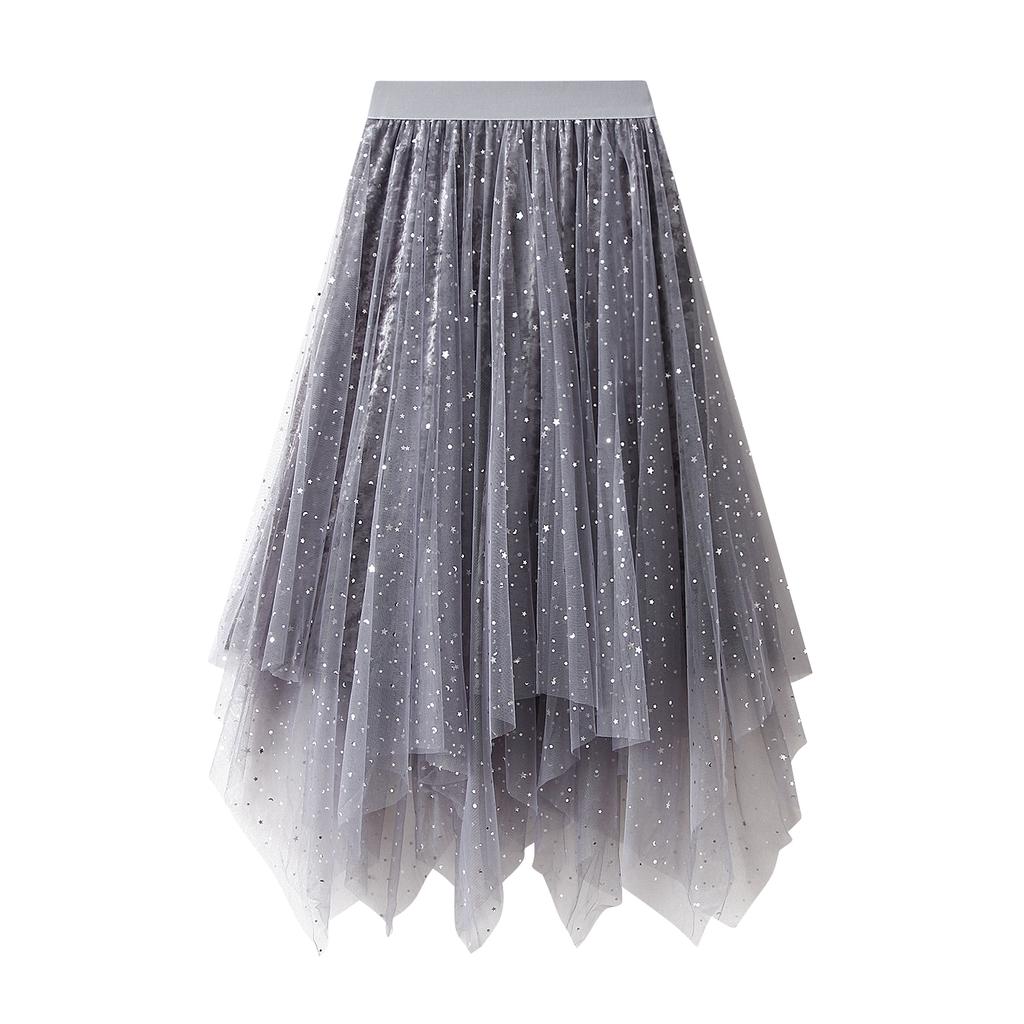 Women Irregular Tulle Tutu Skirt Casual Shiny Star Sequin Elastic Mesh Princess Skirt for Streetwear