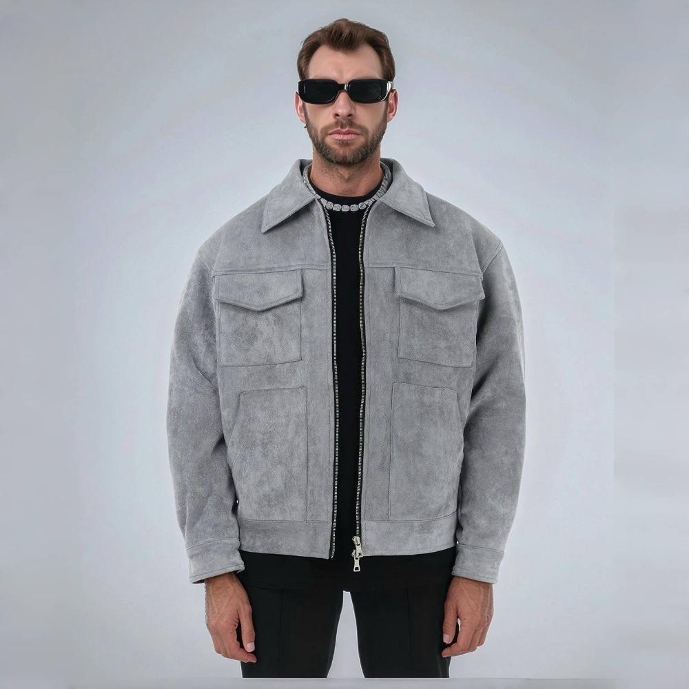 ZYLLO Осенние куртки Оверсайз Повседневная одежда Хай-стрит Карманы Лацкан Молния Замша Толстое пальто Мужская ветровка Свободного кроя