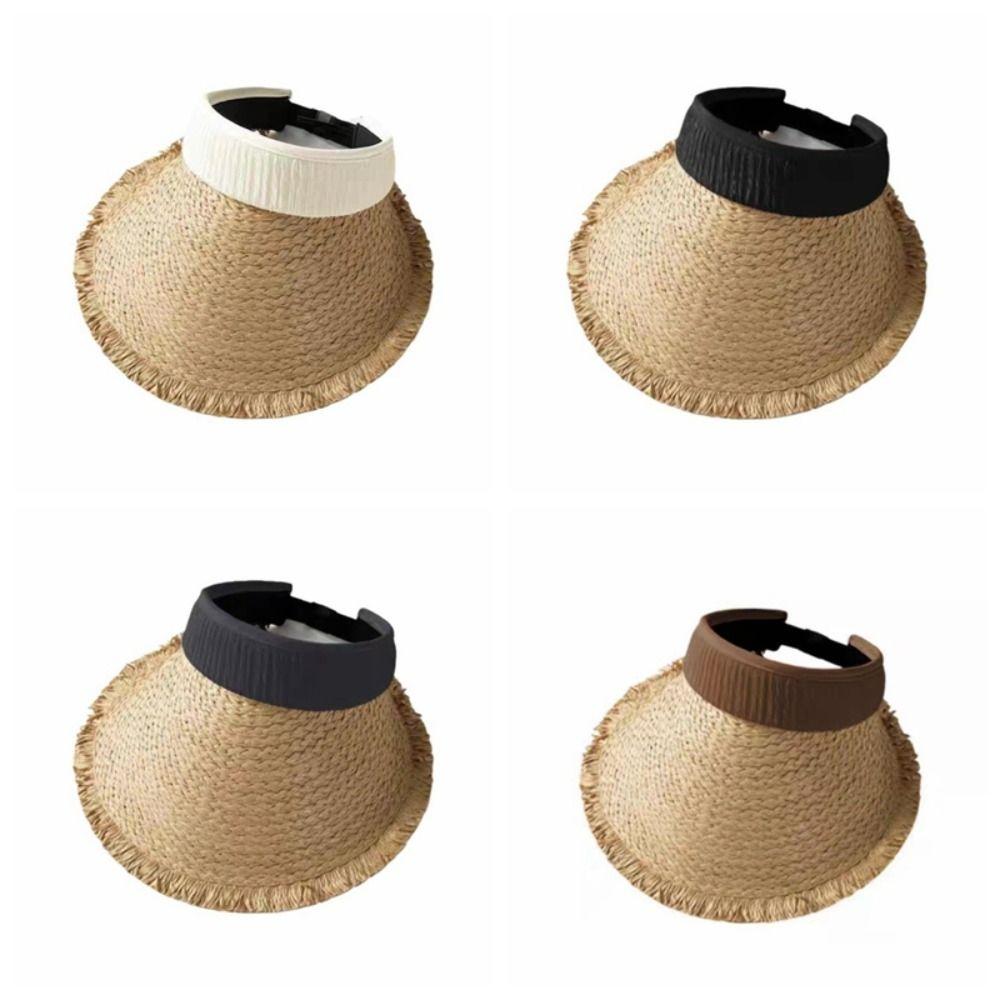 Fashion Woven Straw Visor Cap Sunscreen Hollow Empty Top Hat Big Head Circumference Breathable Summer Sun Cap Outdoor