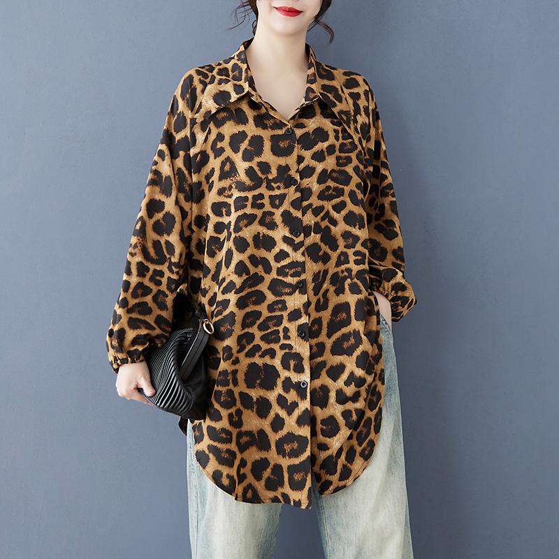 DIMANAF 2025 Женская Летняя Рубашка Блузка Большого Размера Длинный Рукав Пуговицы Мода Леопардовые Топы Футболки Свободная Новая Блузка