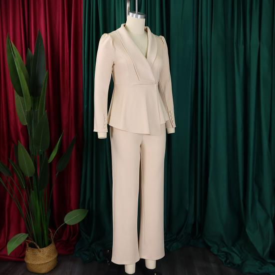 Женские костюмы больших размеров из двух предметов, блейзер с длинными рукавами и оборками, с неровным подолом, и брюки, деловой костюм, офисный рабочий комплект