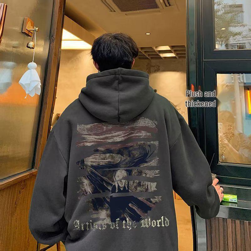 Men's Trendy American-Style Hooded Sweatshirt: Plus Velvet, Loose Fit, Casual Jacket for Teens - Ideal for Autumn and Winter.