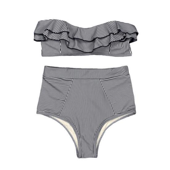 2 Pcs/Set Beach Bikini Set Ruffle Striped Patchwork Tankini High Waist Split Beachwear Elastic Quick-drying Bathing Suit