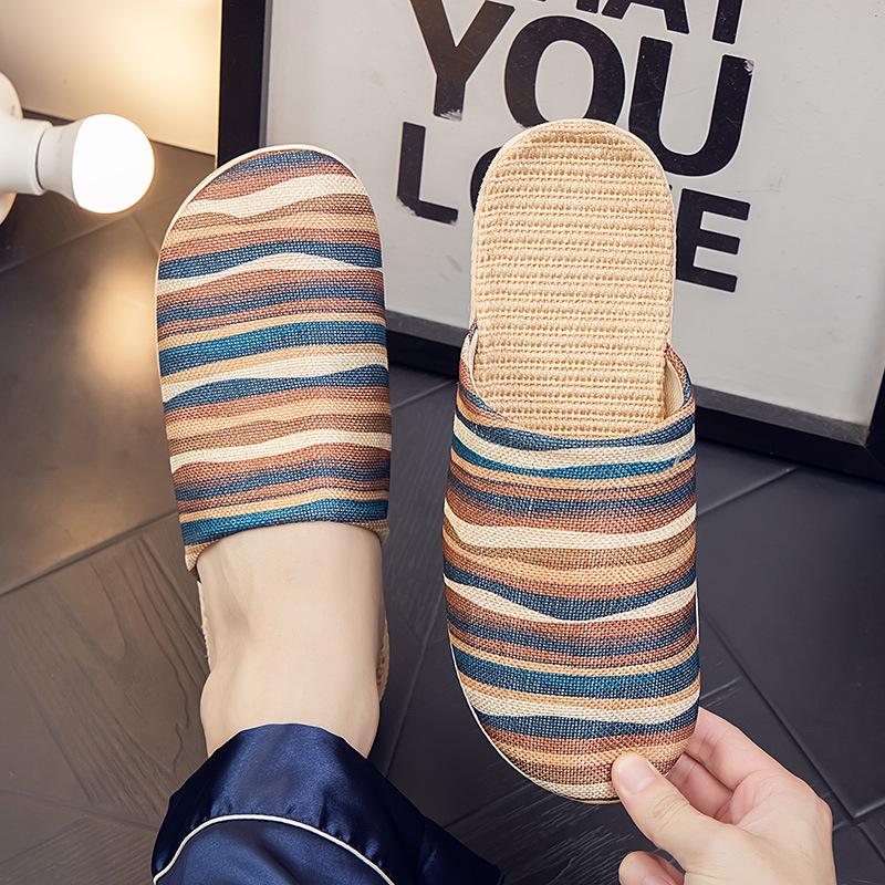 Удобный для использования в помещении, дышащий лен, всесезонная домашняя ткань, классные тапочки для мужчин и женщин, напольное покрытие для пар, мягкая подошва, для домашнего использования