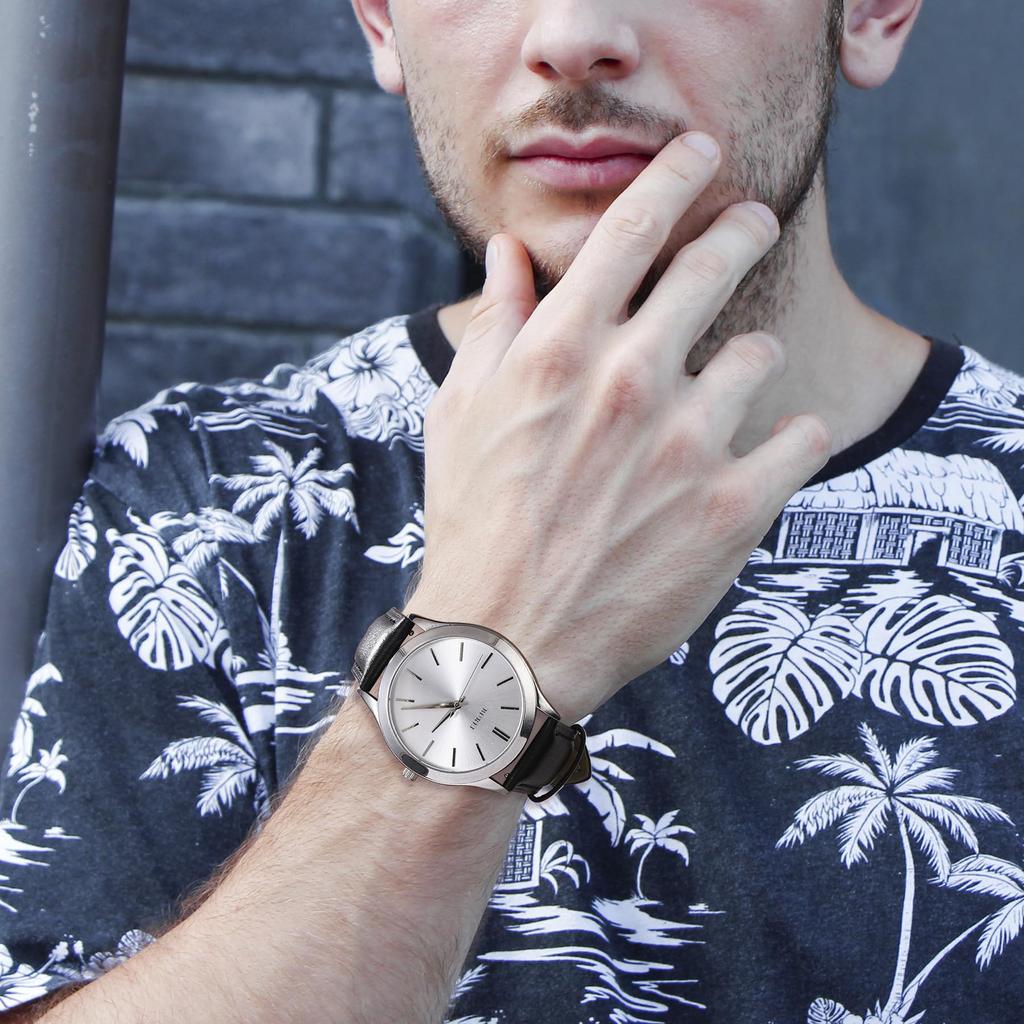 BUREI Аналоговые Кварцевые Кожаные Подарочные Мужские Часы, Водонепроницаемые, Популярные, Простые, Стильные, Деловые, Повседневные, Ремешок, (Серебристый, Черный, Кожаный)