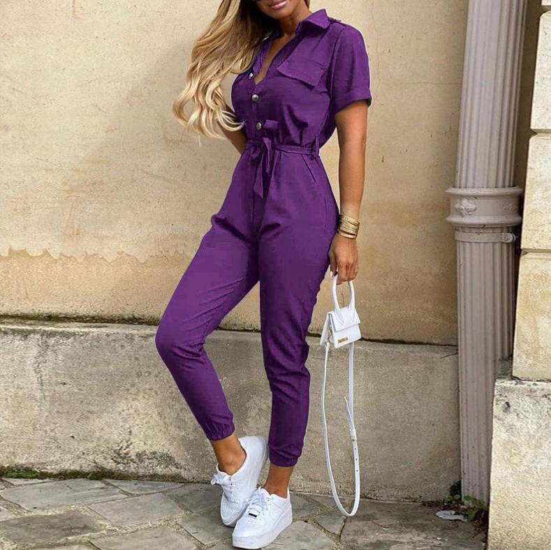 Spot 2026 spring and summer popular European and American women's clothing casual lapel printed belt tooling jumpsuit