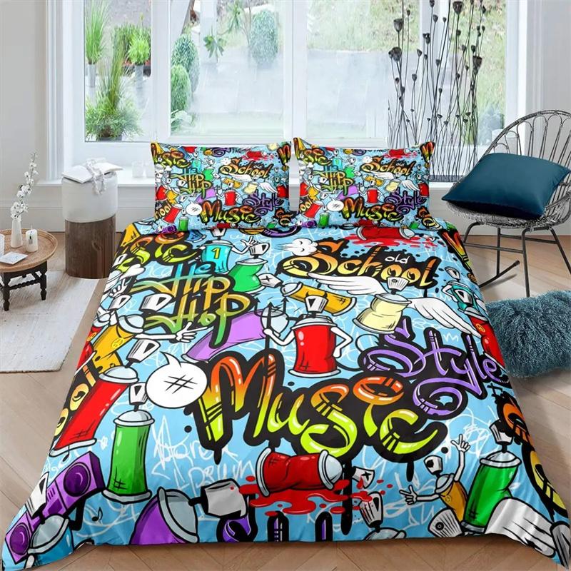 Hippie Graffiti King Queen Duvet Cover Hip Hop Bedding Collection For Kids Teens Adults Wall Urban Street Art Polyester Quilt Cover