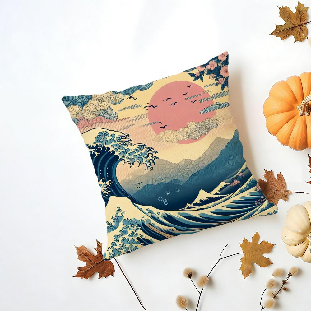 HHokusai Great Wave Cushion Cover Washable Linen Pillowcase Soft for Daily Sofa Bed Home Room Decor
