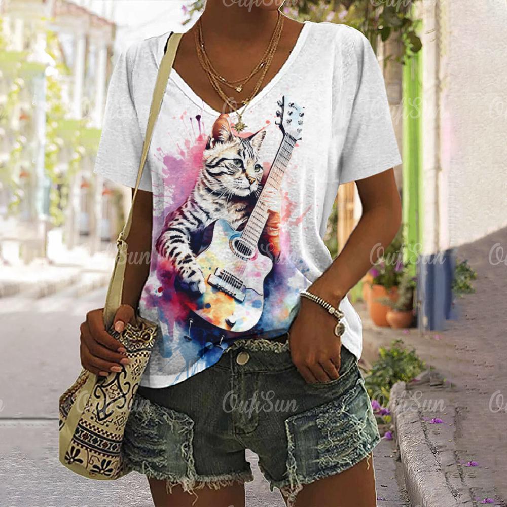 2024 New Women T-Shirt Rockin' Cat Print Top Plus Size Summer Women's Trending Clothing Fashion Short Sleeve Shirt Crew Tee