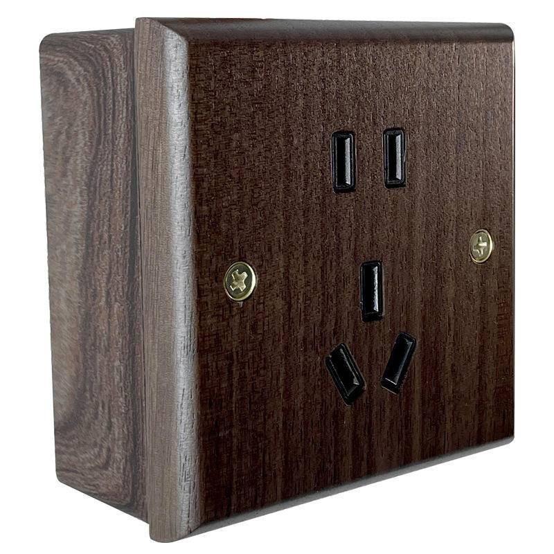 Black Walnut Solid Wood Brass Lever Retro Switch Panel Wall Mount 86 Open Line Box Surface Three Open 16A Socket