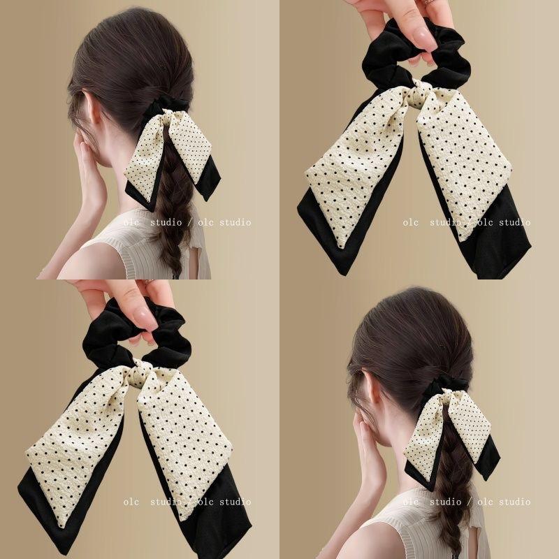 Polka Dot Satin Hair Scarf Scrunchie – Elegant Bow Hair Tie for Women, Fashion Ponytail Holder Hair Accessory