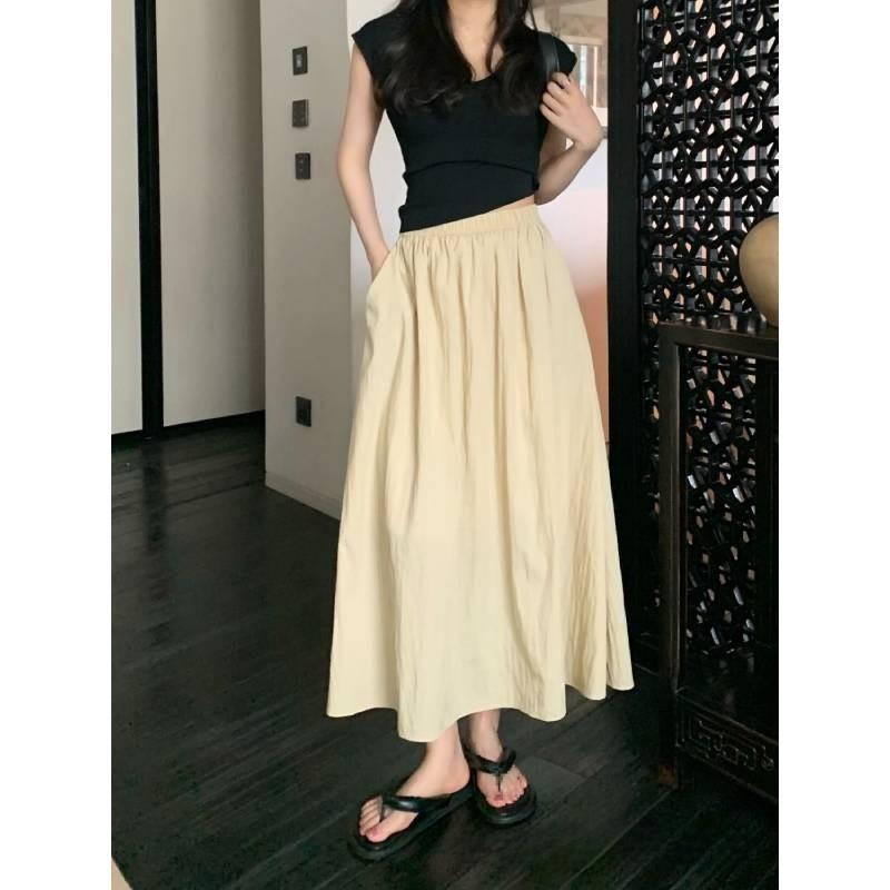 Cotton Blend Pleated Midi Skirt With High Waist For Women Spring