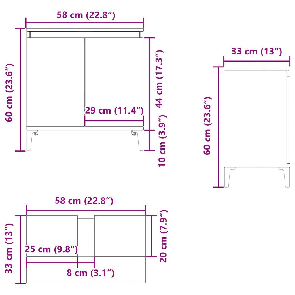 Black Oak Bathroom Sink Cabinet, Triangular Black Legs, Large Storage Space, 58x33x60 Cm Made of Particle Board.