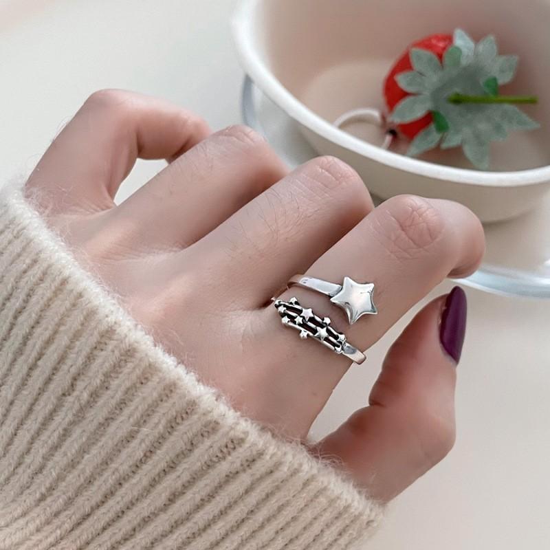 VENTFILLE Silver Color Geometry Punk Ring for Women Girl Birthday Gift Korean Irregular Open Black Agate Jewelry Dropshipping