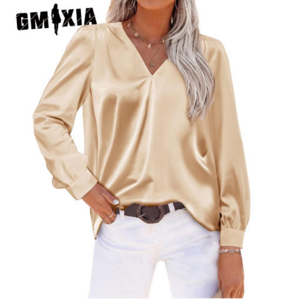 GMXIA Женские модные повседневные весенне-осенние однотонные блузки и рубашки с v-образным вырезом и длинным рукавом с принтом