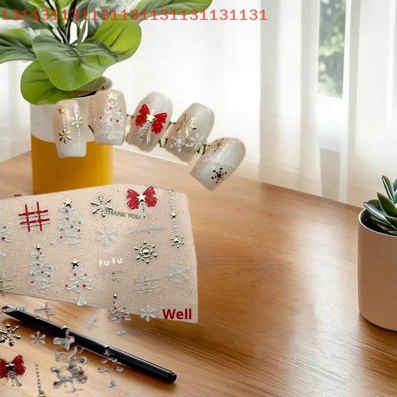 Очаровательные наклейки для ногтей с белым деревом на рождественскую тематику, с тисненым принтом снежинок и красными бантами для праздничных ногтей