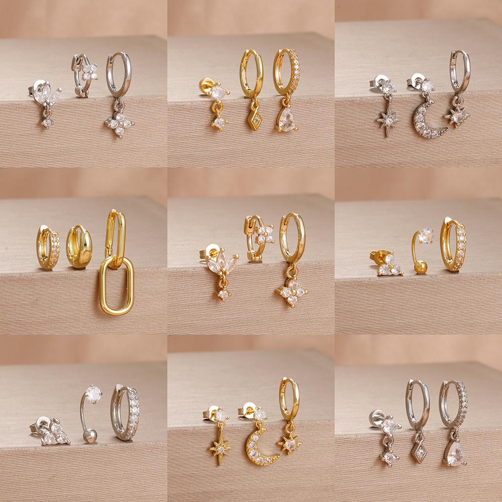 3 Pieces Stainless Steel Hoop Earrings Set For Women Crystal Zircon Huggie Flower Water Drop Trendy Earring Piercing Jewelry