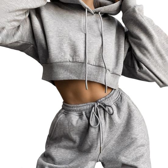 2 Pcs/Set Women Fall Hoodie Pants Set Long Sleeve Thick Hooded Short Top Drawstring Elastic Waist