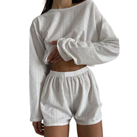 2 Pcs/Set Women Top Shorts Suit High Waist Shorts Hollow Out Loose Cropped Blouse Long Sleeves Solid Color Outfit for Sport Jogging Sleeping