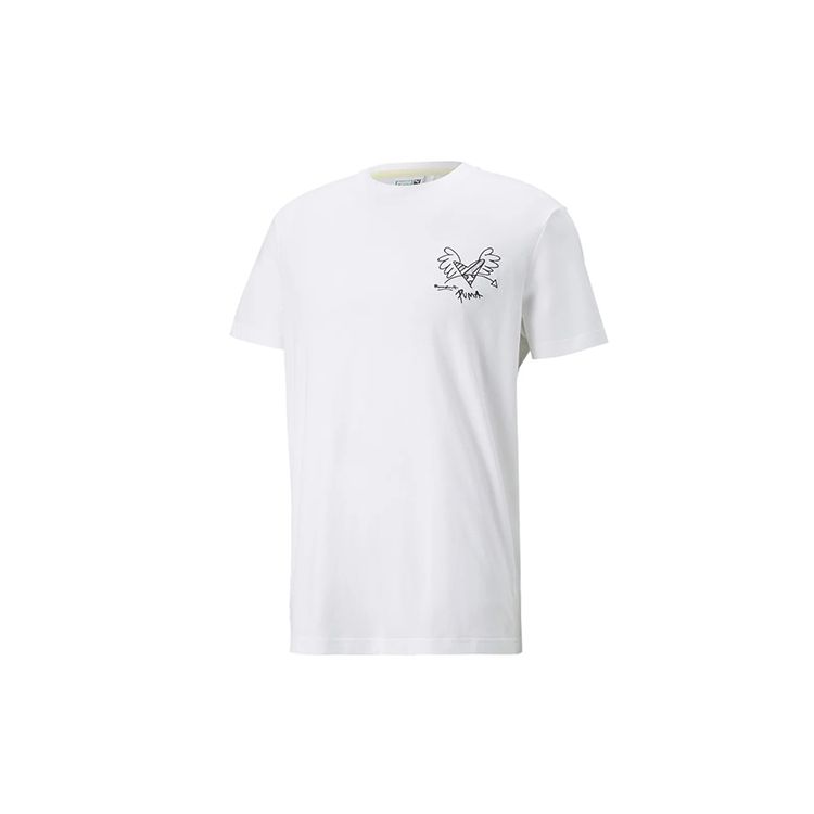 Puma X Britto Embroidered Heart Pattern Round Neck Short Sleeve T-Shirt Unisex Tops White 532234-02