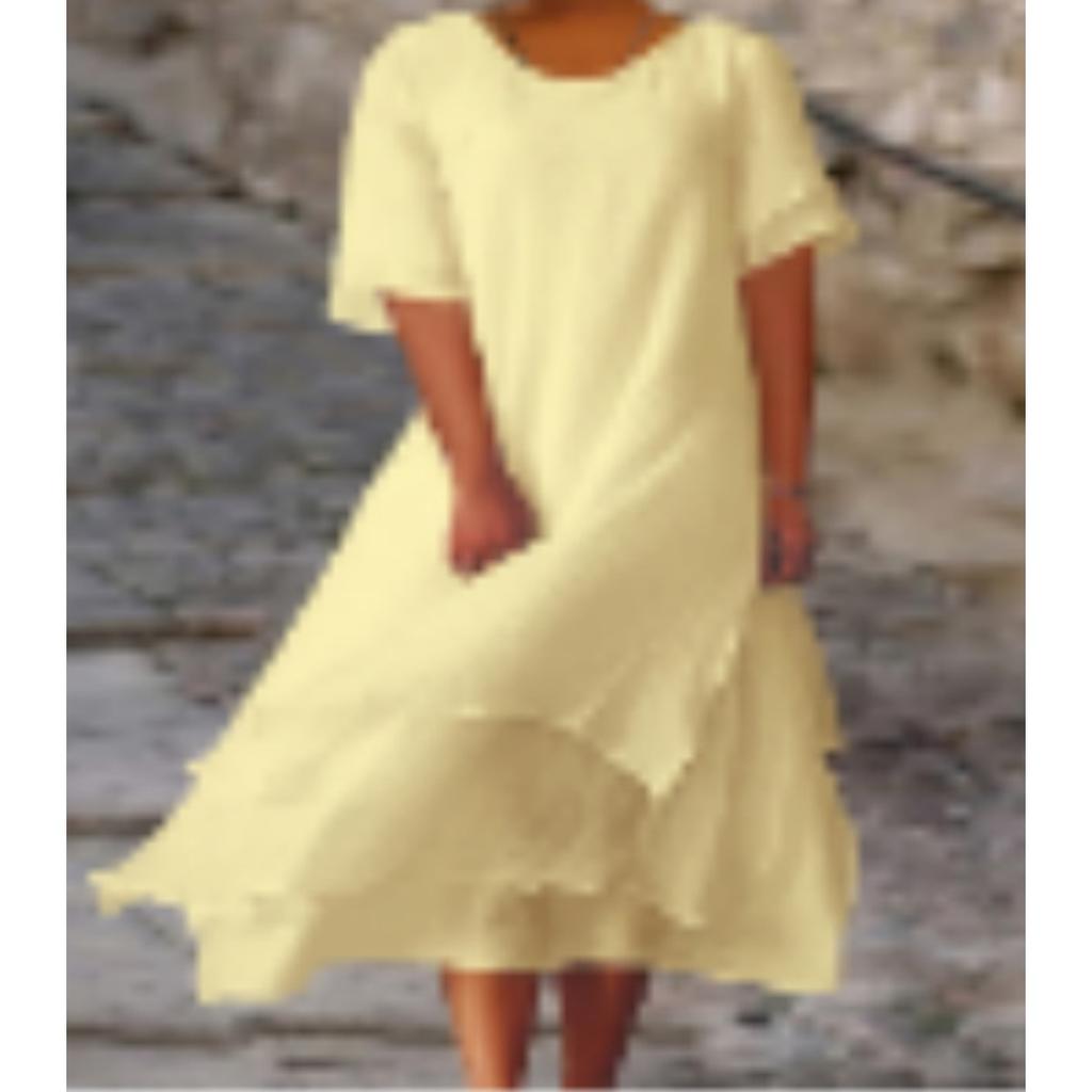 Plus Size Women's Bohemian Double Hem A-line Dress - Short Sleeved Round Neck Casual Vacation Dress, Beach Dress, Soft and Elegant Material