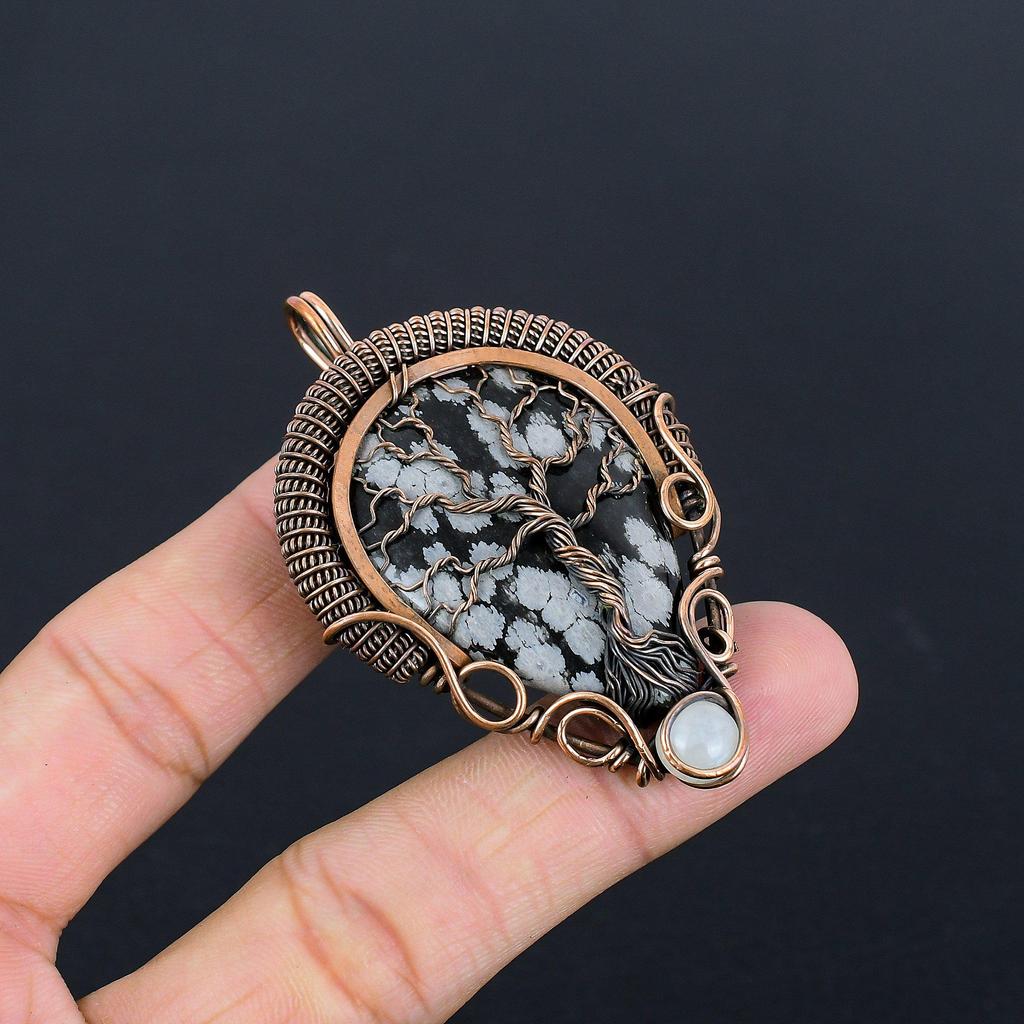 Tree Of Life Snowflake Obsidian Pendant, 999 Copper Wire Wrapped Gemstone Handmade Dainty Jewelry Pendant, For Her