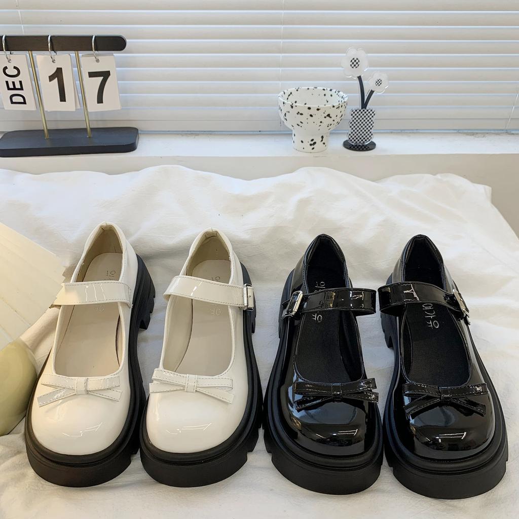 Thick-soled Mary Jane Small Leather Shoes for Women's British Style 2025 New One-word Mouth with Bow, Light Mouth Single Shoes for Women