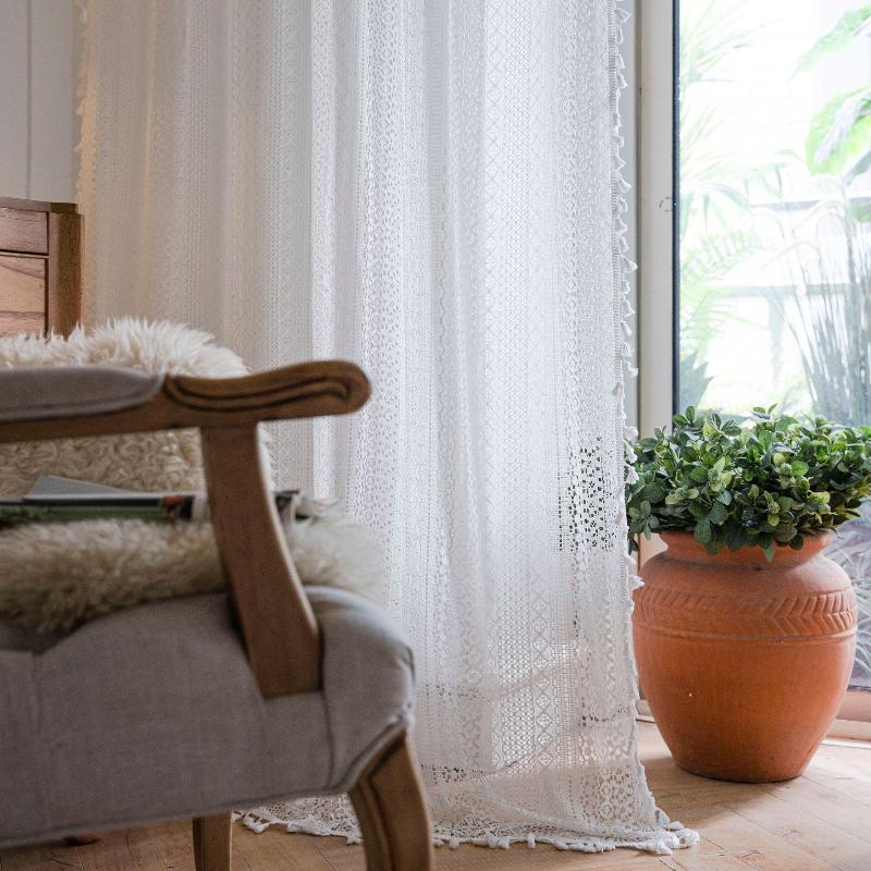 American Crochet Lace Blackout Curtains - Soundproof Hook-and-Loop Tape for Bedroom/Living Room/Kitchen, Bay Window Ready-Made