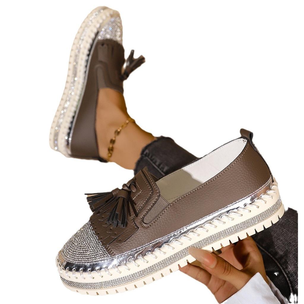 Модные женские повседневные туфли 2025 года, лето, новые туфли на платформе с одной педалью и неглубоким носком, женская обувь со стразами