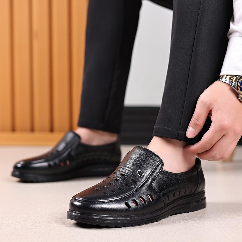 Summer Hollow Leather Shoes Men's Leather Casual Men's Leather Sandals One Pedal Middle-aged and Elderly Father Shoes Hole Shoes