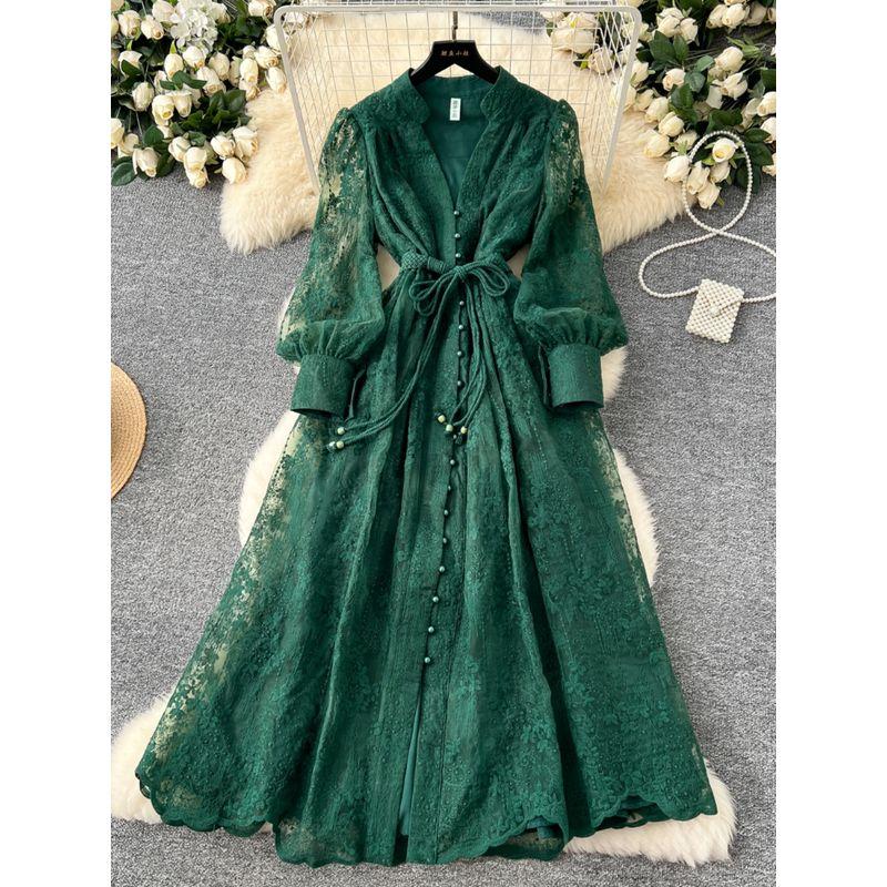 French Style Classy Women's Clothing Dress 2025 Spring Tight Waist Machine Embroidery V-neck Lantern Sleeve Single-Breasted Long Skirt