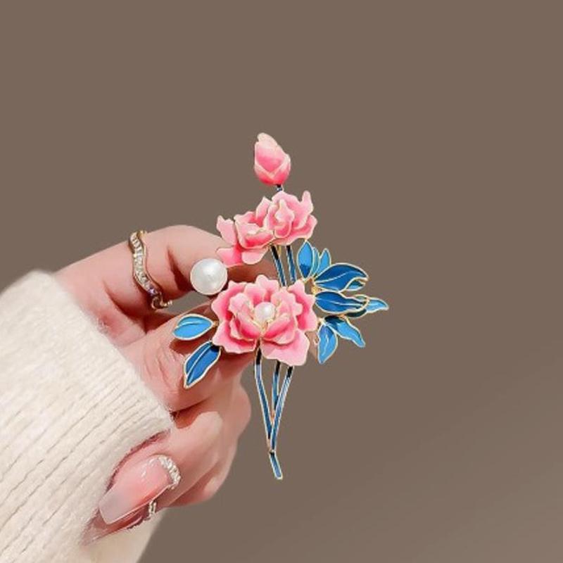 Chinese Style Enamel Peony Flowers Brooches For Women Clothing Coat Party Accessries Gifts