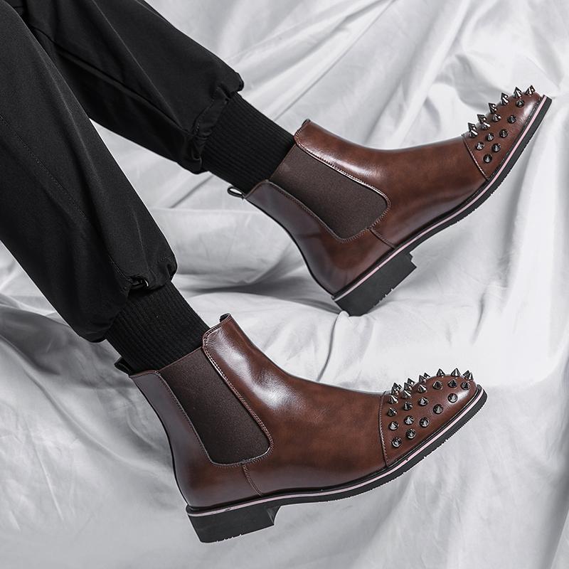 Мужские мотоциклетные ботинки Wingtip Dress Punk Leather Chelsea Boots Rivet Tuxedo Street Style Shoes Plus Size